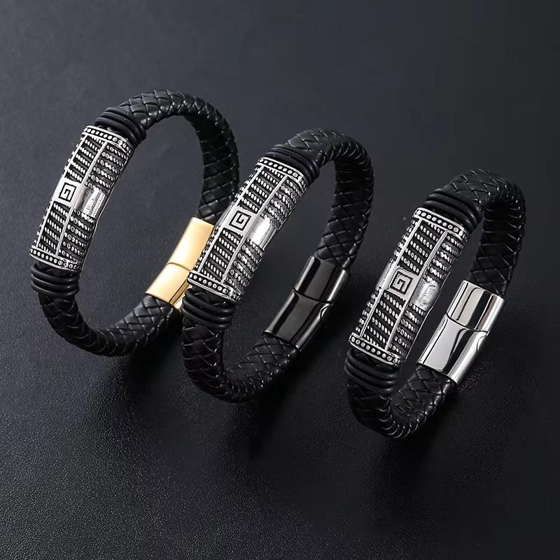 Punk Classic Gothic Vintage Leather Braided Stainless Steel Fashion Jewelry Bracelets for Men Magnetic Clasp  Gift