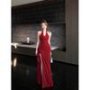 Three-dimensional Flower Red Beautiful Back Neck Dress Women's Summer Slim Fishtail Long Dress Split Hip Skirt
