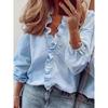 New European & American Style Women's Casual Solid Color Long Sleeve Ruffle Trim V-neck Blouse Top
