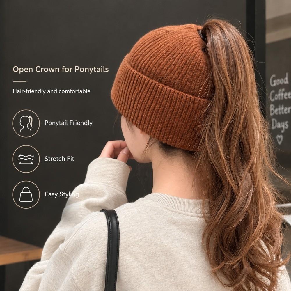 Windproof High Ponytail Beanie Hat Ear Protection Winter Hat Fashion Skull Cap Women And Girls