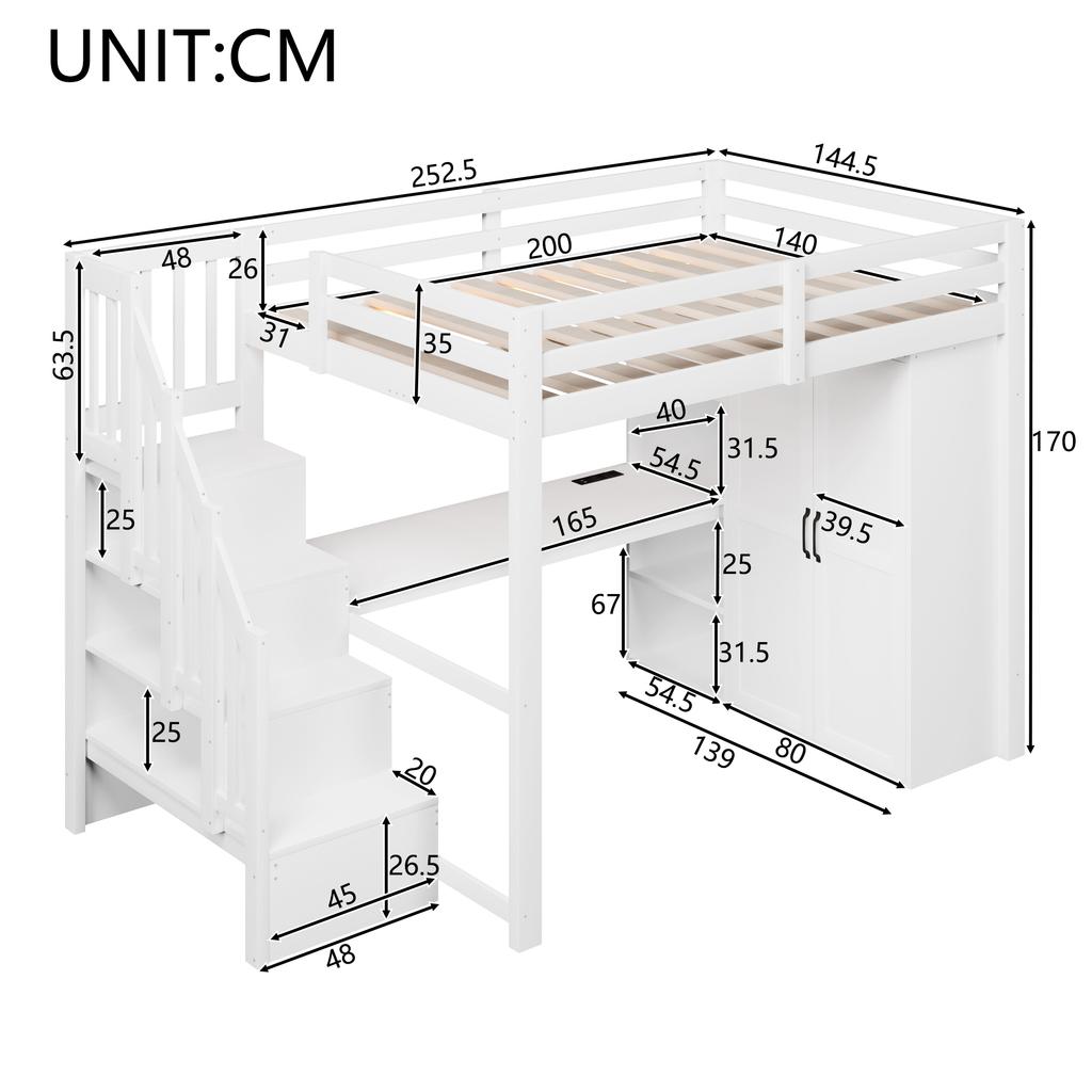 140x200 Loft Bed with Desk and Shelf, Wardrobe, Storage Stairs, USB and LED Lights, White