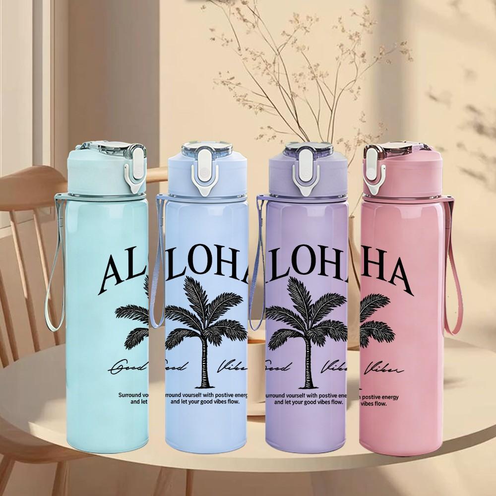1PC Aloha Palm Tree Tropical Badge Print 750ml Color Plastic Sports Water Bottle Leakproof Flip Straw Lid Suitable for Sports Office Home Use