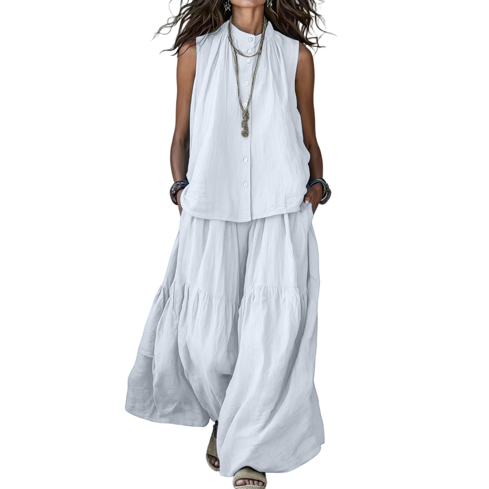 

Fashionable Women s Sleeveless Shirt And Loose-Fit Pants Two-Piece Set L білий