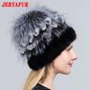 JERYAFUR High Quality Mink Fur Hat for Women Natural Mink Fur Hats with Luxury Big Pompom Fox Fur Ball Beanies Winter Women's Cap LadyHat