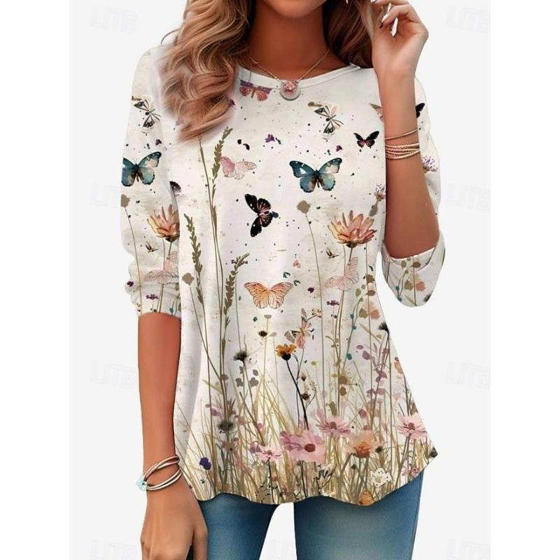 Women's Casual T-shirt 3D Printed  Flower Print Round Neck Retro Elegant Long Sleeves Women's Fashion Pullover Long Sleeve Tops