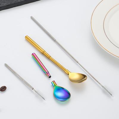 Yousheng Stainless Steel Straw Spoon Retractable Design Two-in-One Function Easy To Clean Telescopic Straw Brush