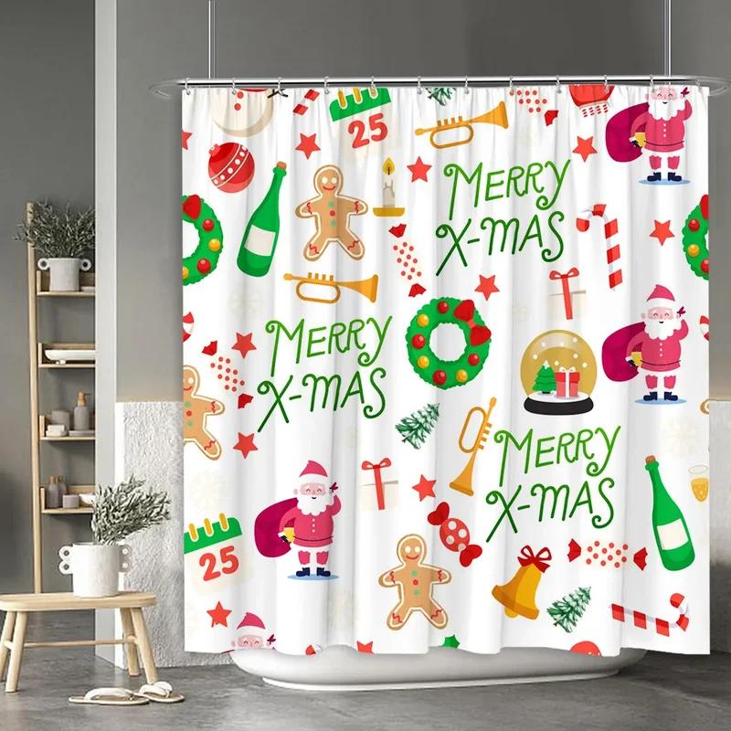 Christmas Shower Curtain Santa Claus Snowman Moose Cartoon Christmas Tree Winter Home Polyester Fabric Bathroom