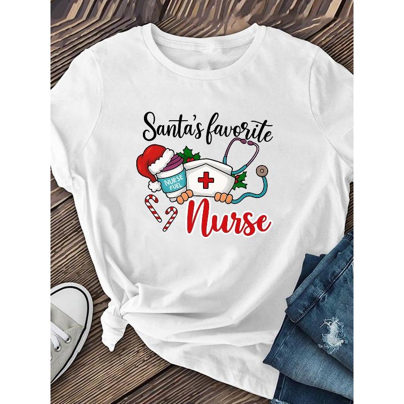European Size "Christmas and Nurse Caps" Christmas, Women's Clothing, Casual Loose Short-sleeved Shirts, Summer T-shirt Tops