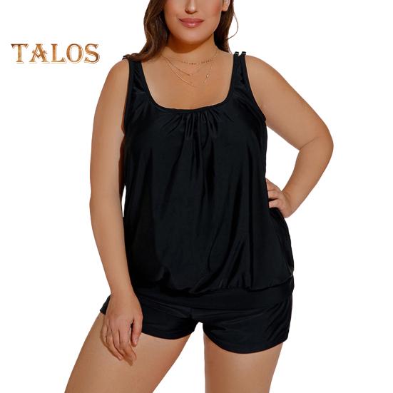 2Pcs/Set Women Tankini Set U-neck Sleeveless Tops High Waist Swimming Trunks Set Split Design Beach Vacation Wear