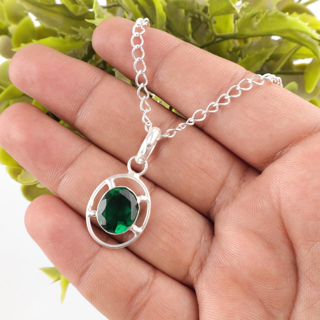 Green Emerald Stone Sterling Silver Trendy Mother Gift Engagement May Pendant PP-6-9
