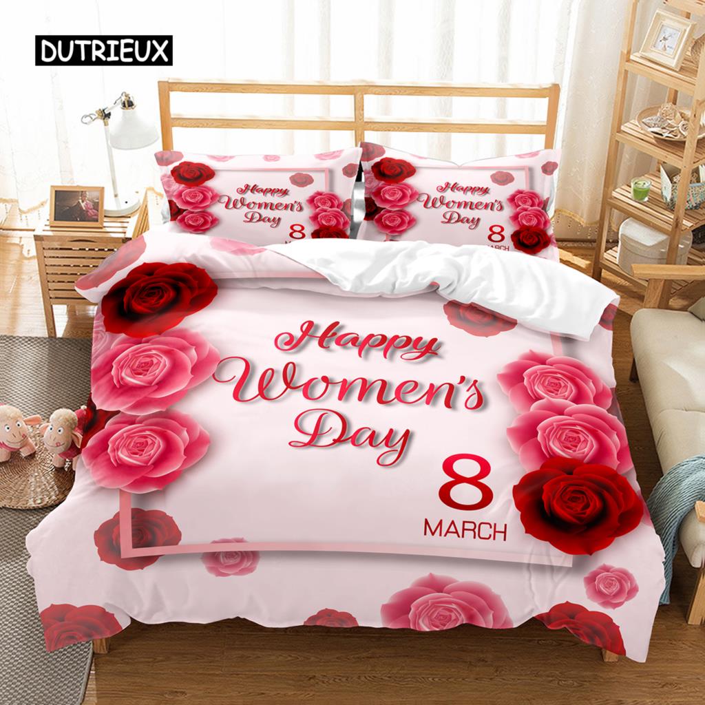Romantisches Blumendesign Bettbezug-Set Alles Gute zum Frauentag Bettwäsche-Set Polyester 8. März Bettdeckenbezug Einzel- King-Size Für Mutter Geschenk