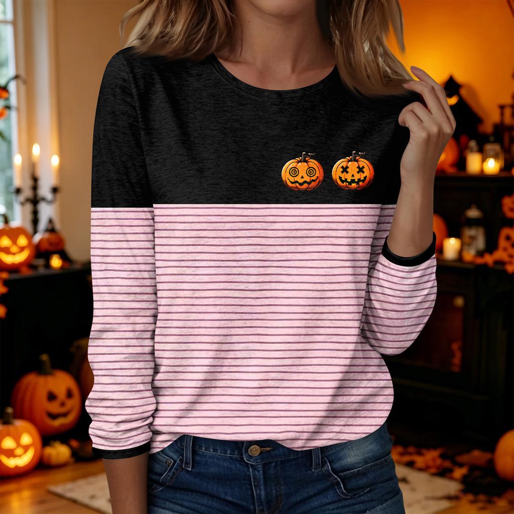 Women's Casual Long Sleeve Halloween Print Neck T-Shirt