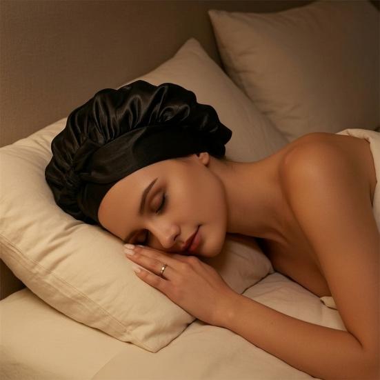 Double Layer Satin Sleeping Cap Solid Color Women Braids Long Curly Hair Night Sleep Cap Large Round Silk Hair Bonnet with Tie Band