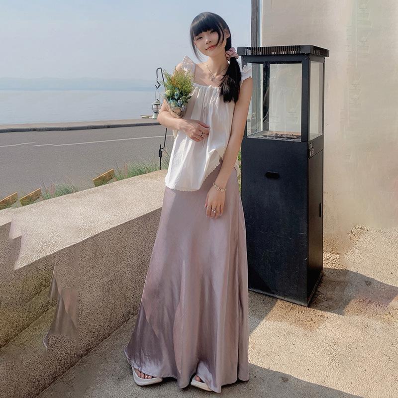 Hedvábná sukně A-linie slim-fit: Nový letní styl s vysokým pasem, všestranný, zvýrazňující temperament.