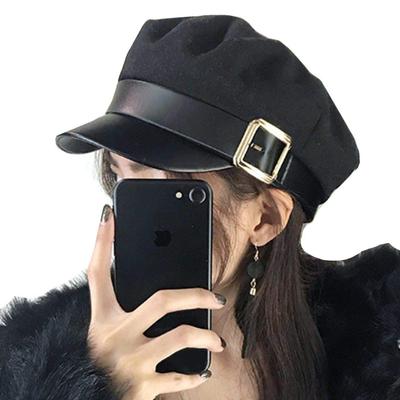 Newsboy Kasket Kold CA061 Hat, Efterår/Vinter, Beskyttelse, Læder, Bælte, Hat, Kasket, Stilfuld, Dame, (Sort)