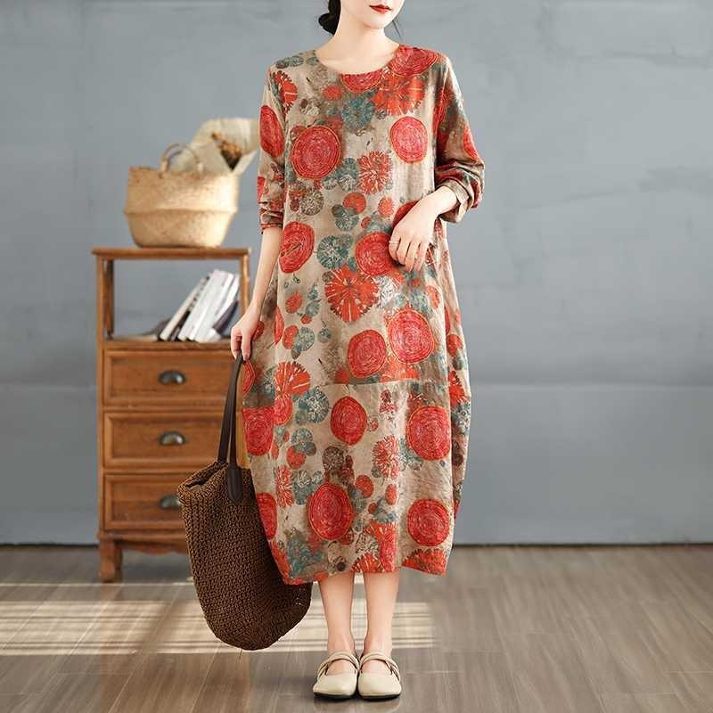 New Retro Printed Round Neck Loose Plus Size Long Dresses