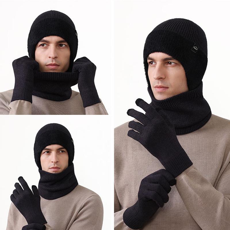 Wollmütze Herren Winter Outdoor Warme Mütze Schal Handschuhe Anzug Hochelastische Strickmütze