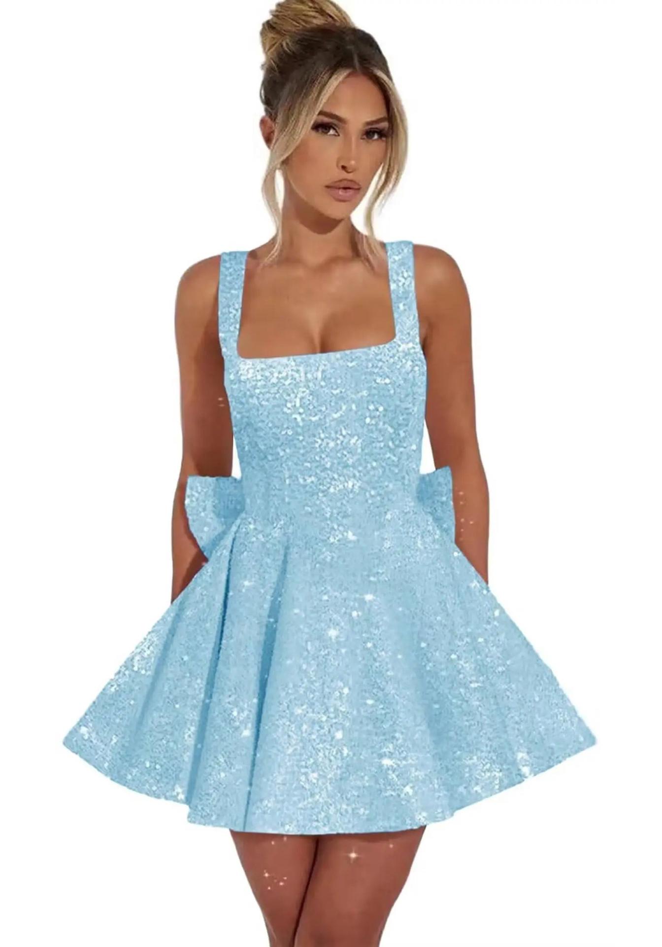 Europäisches Pailletten-Minikleid mit Spaghettiträgern und Schleife – Elegantes Light Luxury Kleid für Geburtstagsbankette US 10