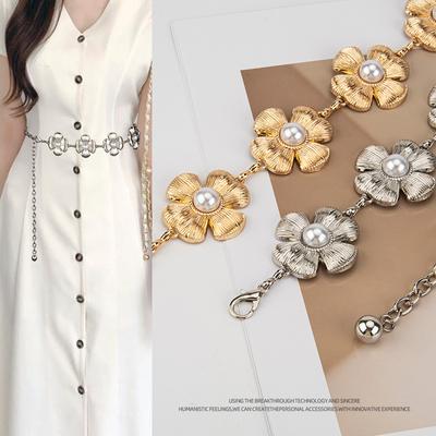French Little Flavor Pearl Camellia Metal Decorative Waist Chain Women's Dress Sweet Accessories High-end Bands