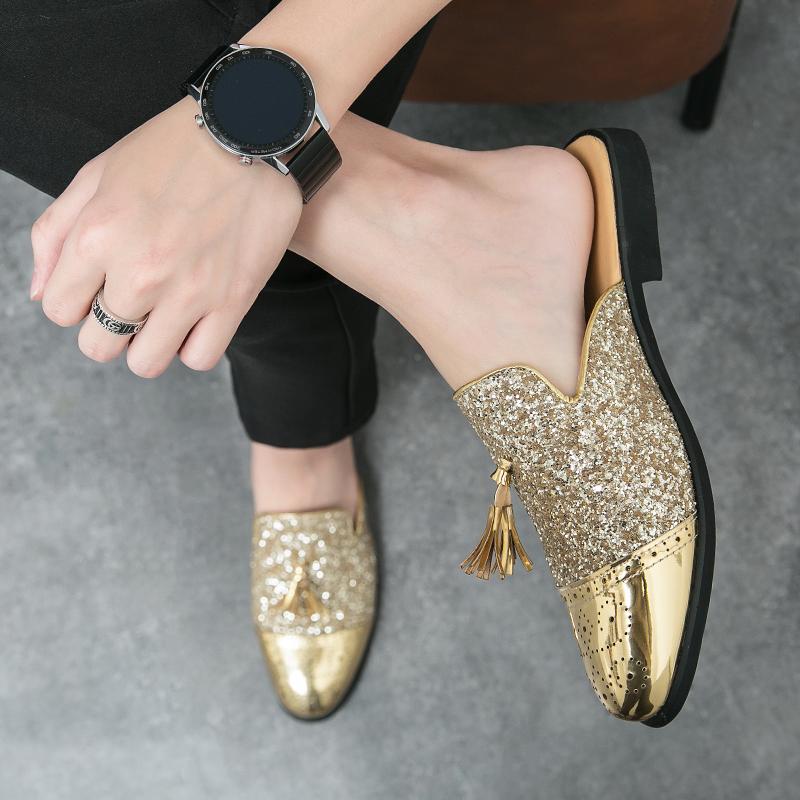 New Men Gold Black Half Slippers Driving Shoes Male Sequin Tassels Casual Mules Moccasins Breathable Loafers Zapatos Hombre