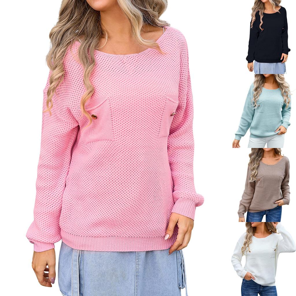 Women's Casual Solid Sweater Chest Pocket  Neck Long Sleeve Fall Knit Top Pullover