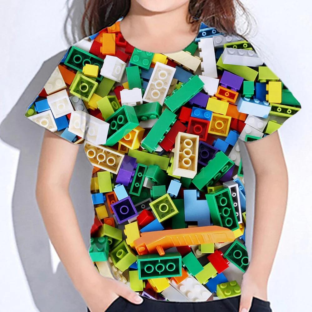 3D Colourful Bricks Short Sleeve Tshirts Summer Children's Boy's Clothing T-Shirt For Girls Kids Clothes Fashion 2026 Tees Tops