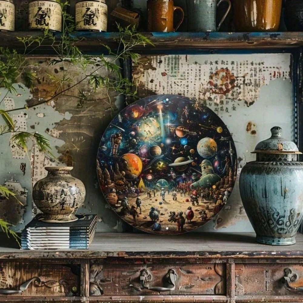 Metal Wall Art Space Round Tin Sign Galaxy Home Decor