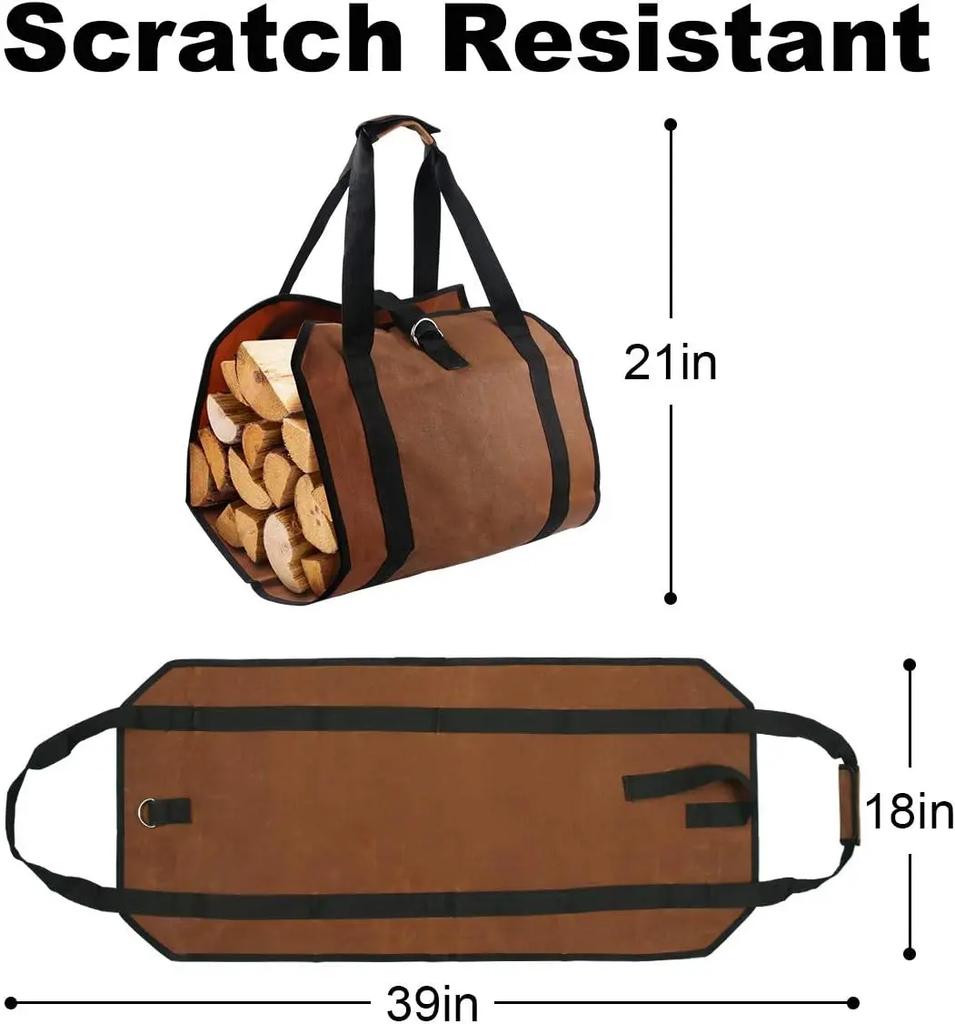 Robuste, gewachste Canvas-Tragetasche für Brennholz mit Griffen – ideal für Kamin, Feuerstelle und Camping.