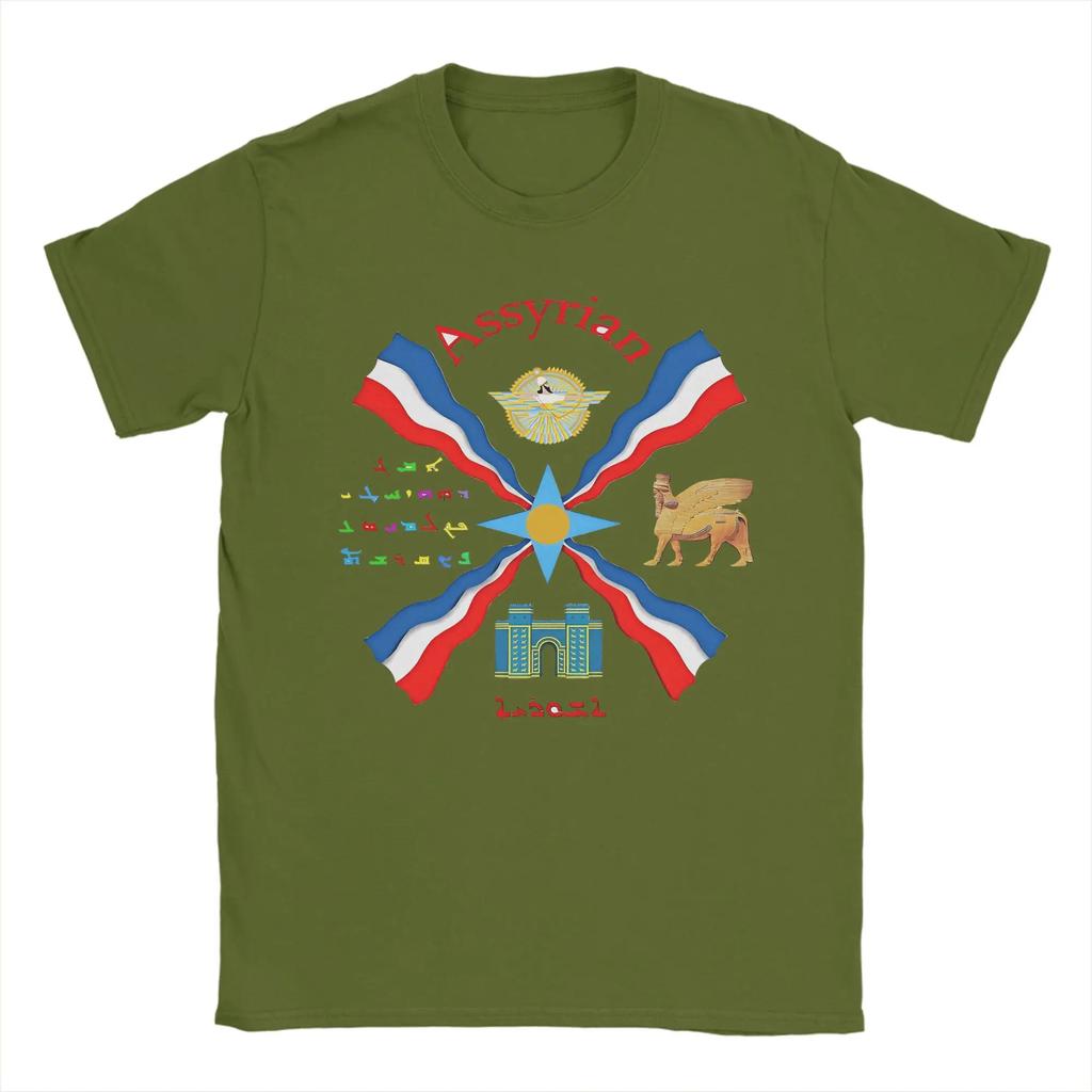 Assyrian Flag  T Shirts for Men Cotton Hipster T-Shirt Round Collar  Tee Shirt Short Sleeve Clothing Plus Size