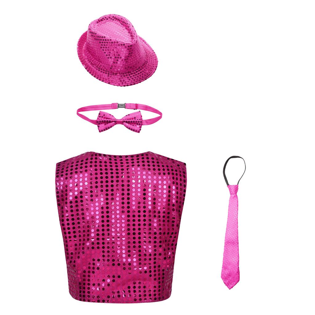 Unisex Kids Shiny Sequin Vest Waistcoat Performance Set Hat Bowtie Necktie Jazz Dance Stage Costume
