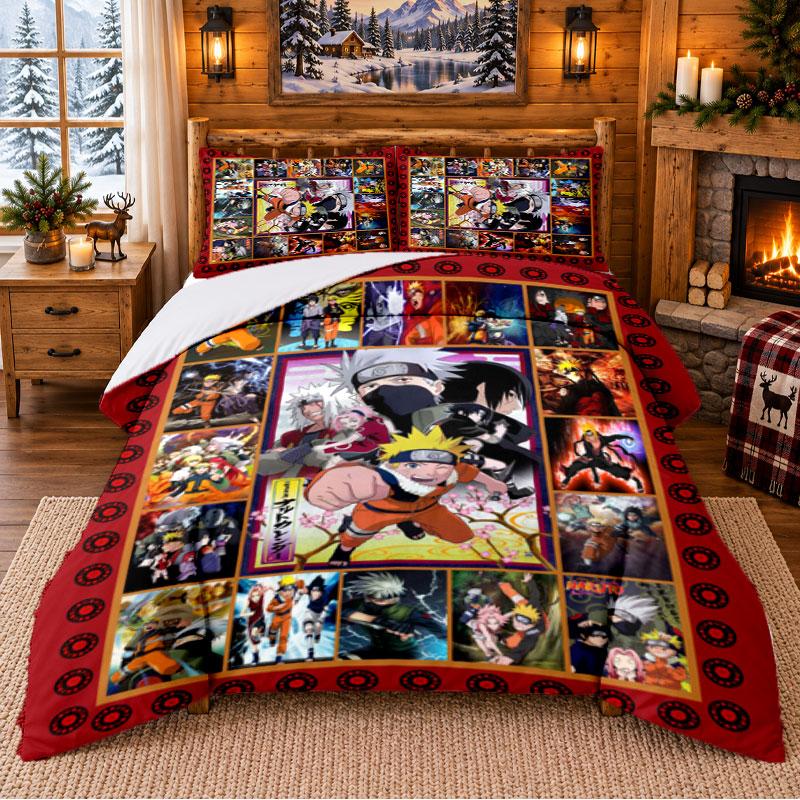 N-Narutos Pattern Bedding 3Pcs Set Bed Sheet And Pillowcases For Indoor Bedroom