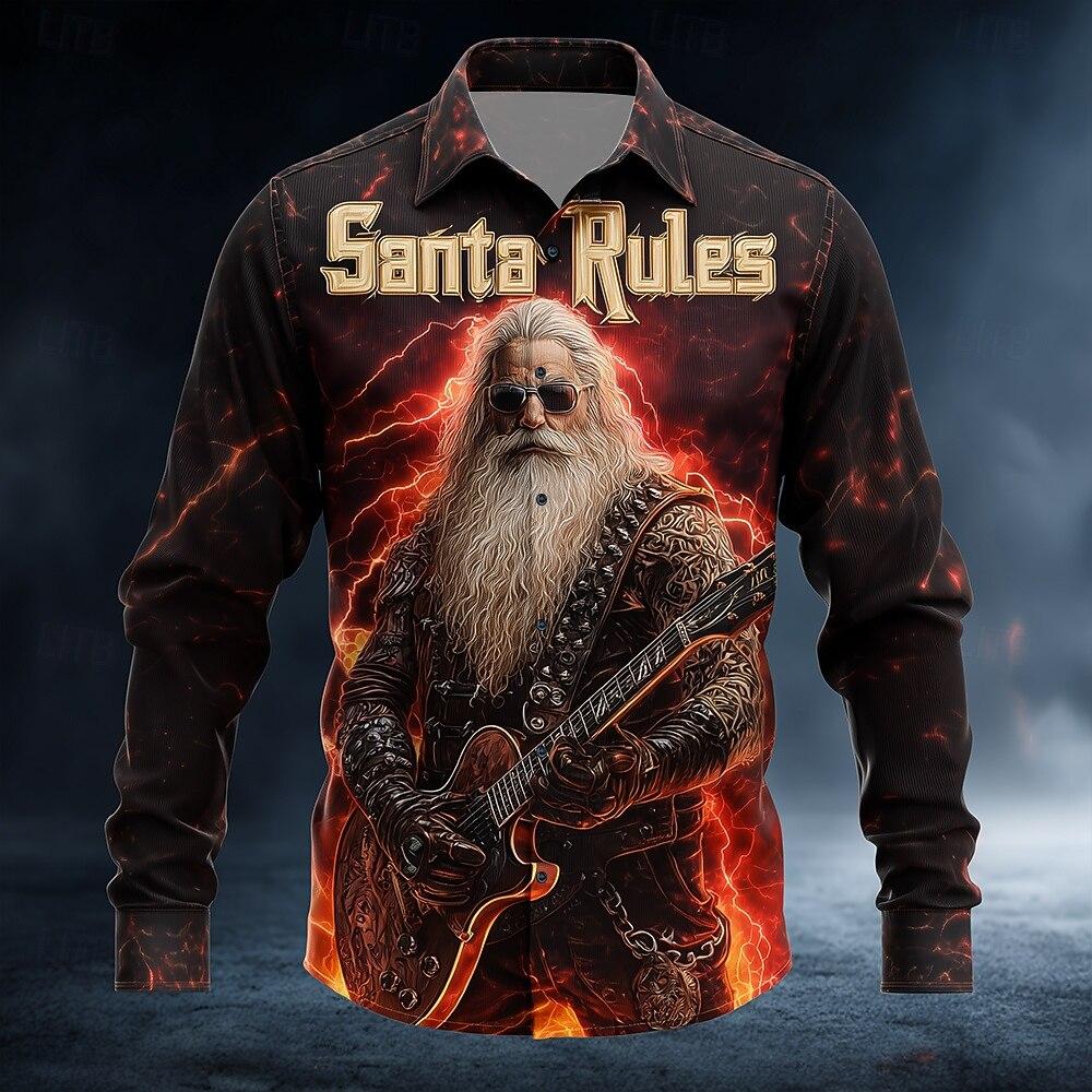 Christmas Men's Santa Claus Rock Guitar Shirt Button Up Shirt Long Sleeve Funny Christmas Gifts Spring 3D Print Collared Shirts