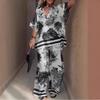 2025 European & American Style V-neck Print Short-Sleeve Top & Loose Wide-Leg Pants 2-Piece Women's Set