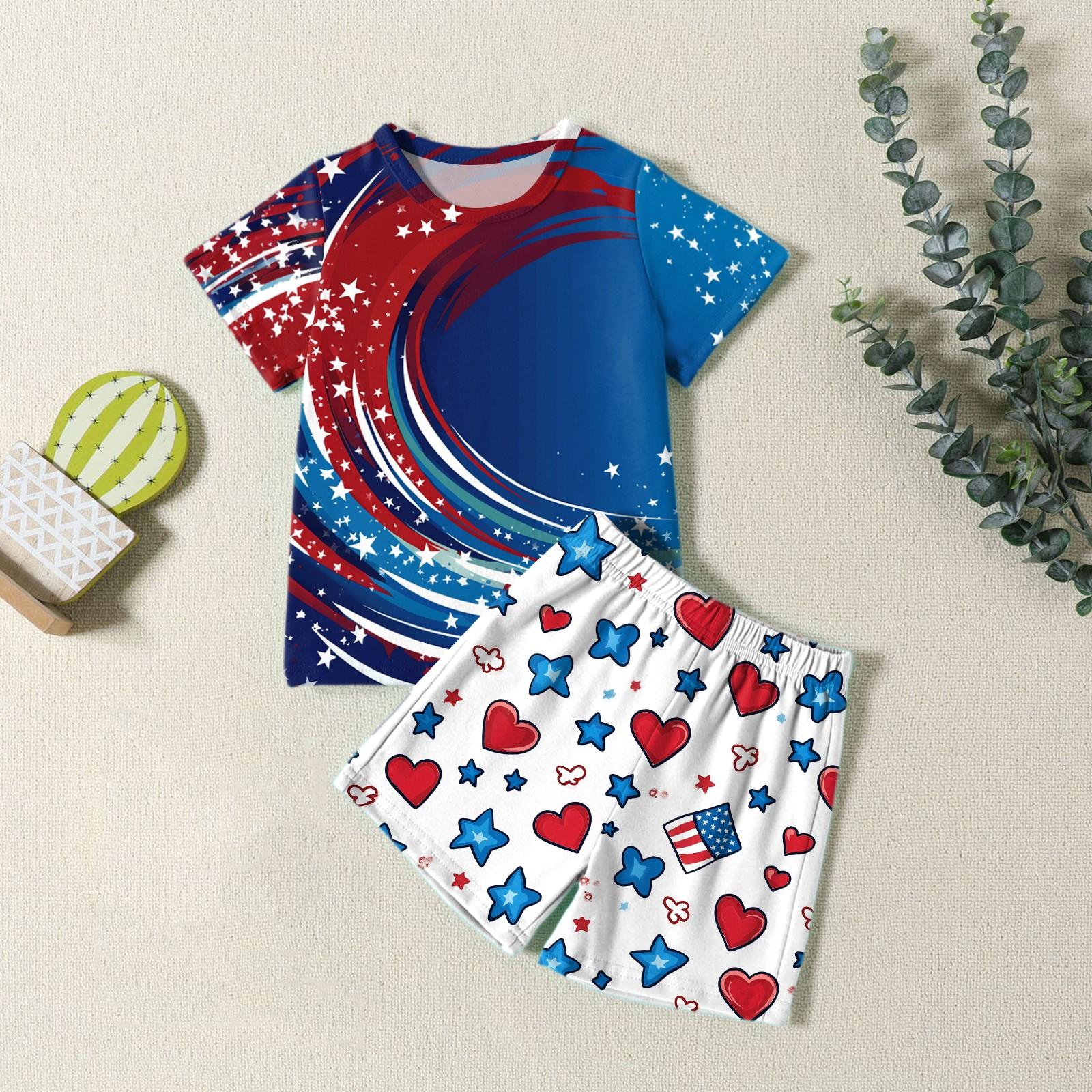 

Мода для мальчиков девочек Повседневный комплект ко Дню независимости: футболка с круглым вырезом и короткими рукавами, шорты 120