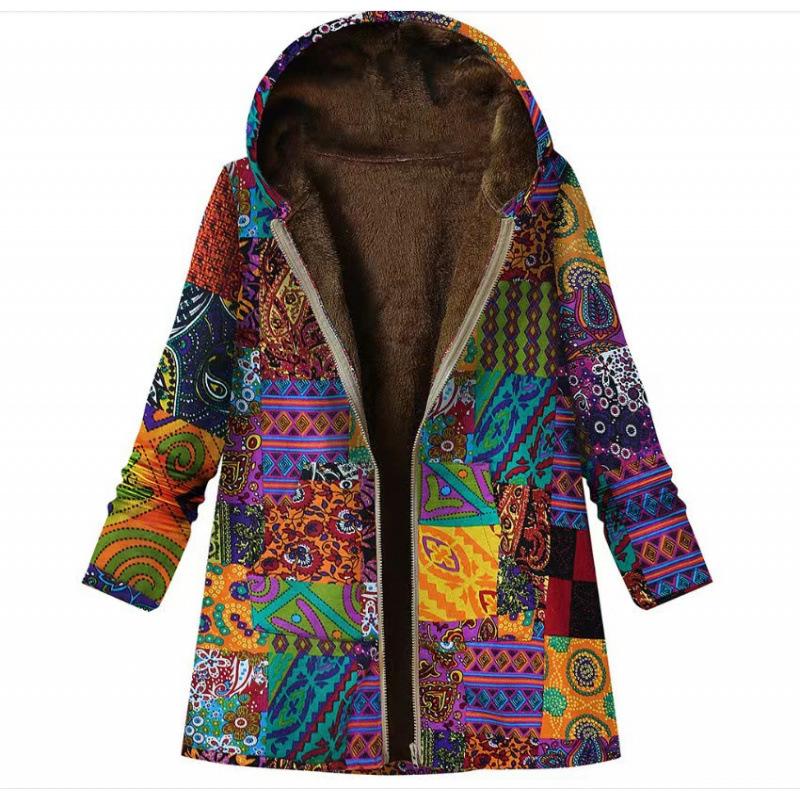 Jacket series casual printing cotton and linen printing plush inner hooded zipper women's clothing new