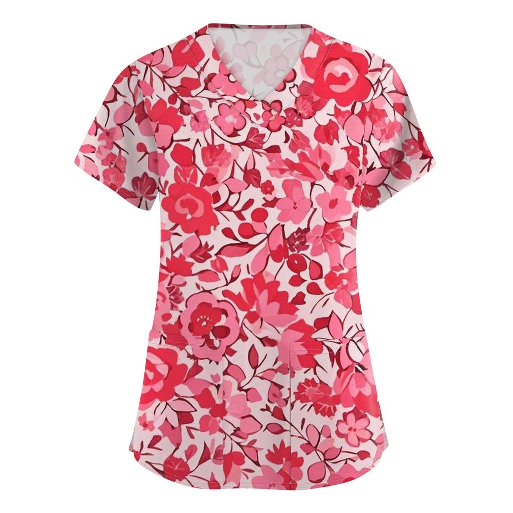Women's Fashion Printed  Short Sleeve Care Workwear With Double Pockets Top