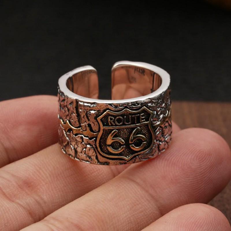 Unisex Vintage Punk Sterling Adjustable Ring With Route 66 Geometric Design