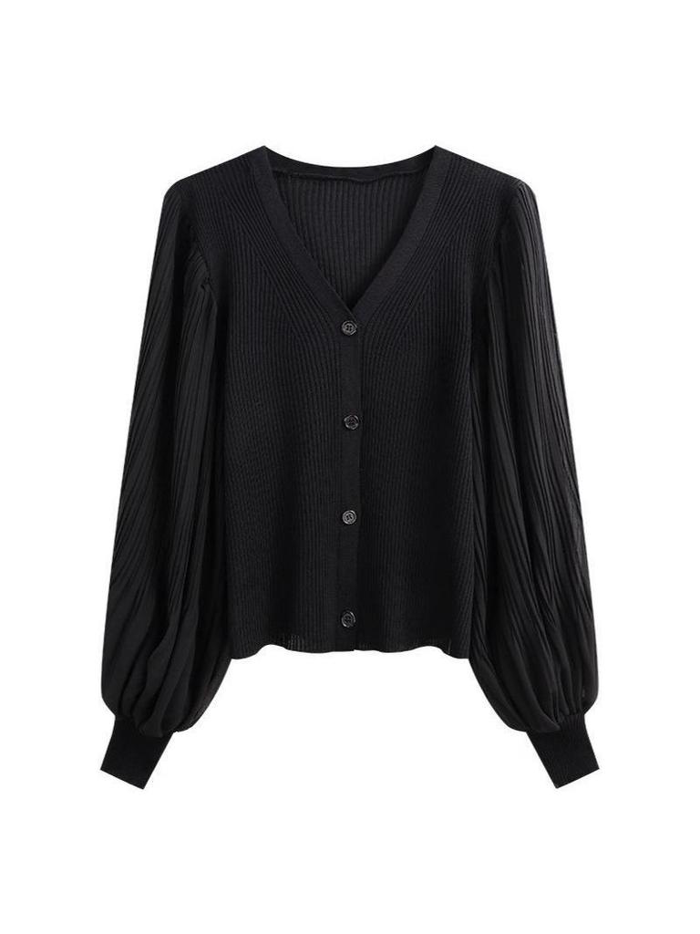 Women's White V-Neck Long-Sleeved Knit Cardigan with Lantern Sleeves - New Korean Autumn/Winter Style