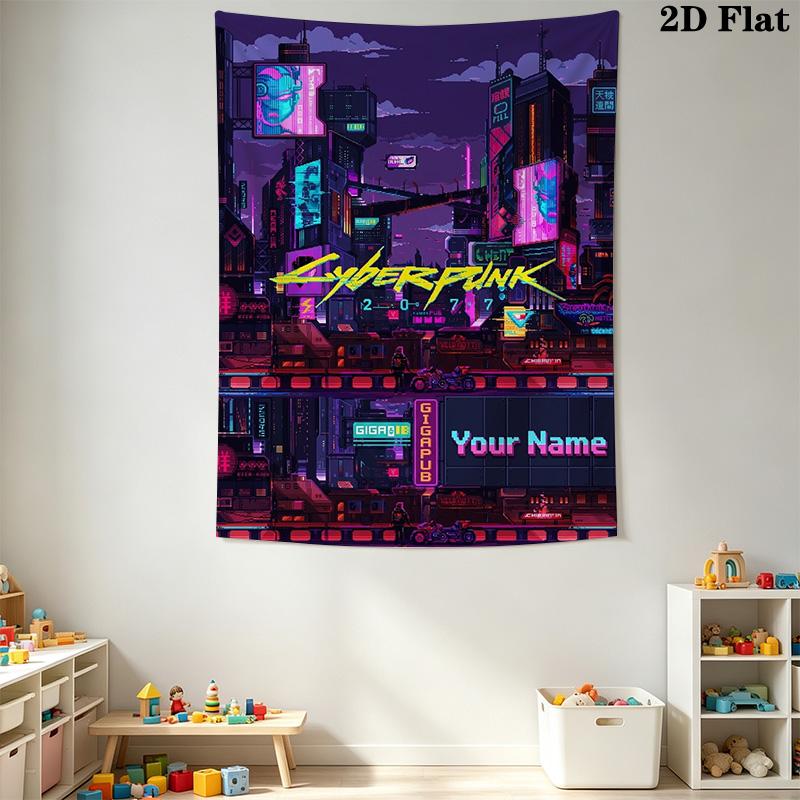 Name Custom Cyberpunk 2077 Wall Tapestry Aesthetic Wall Hanging Printed Fabric Blanket Decorative Tapestries for Bedroom Living Room Home Decor