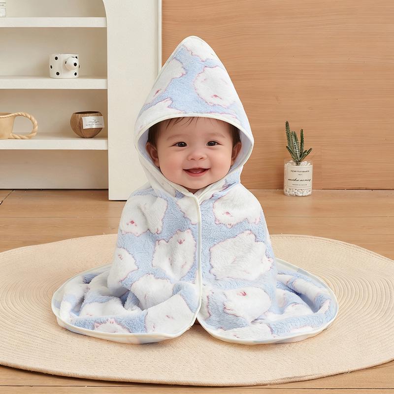 Cartoon Hooded Baby Swaddle & Bath Towel - Coral Fleece, Absorbent, Embroidered, Newborn To Toddler
