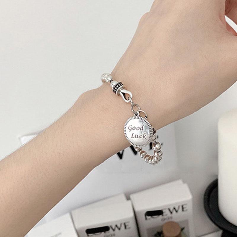 PANJBJ 925 Silve Beads Letters Bracelet for Women Girl Gift Punk Good Luck Simplicity Jewelry