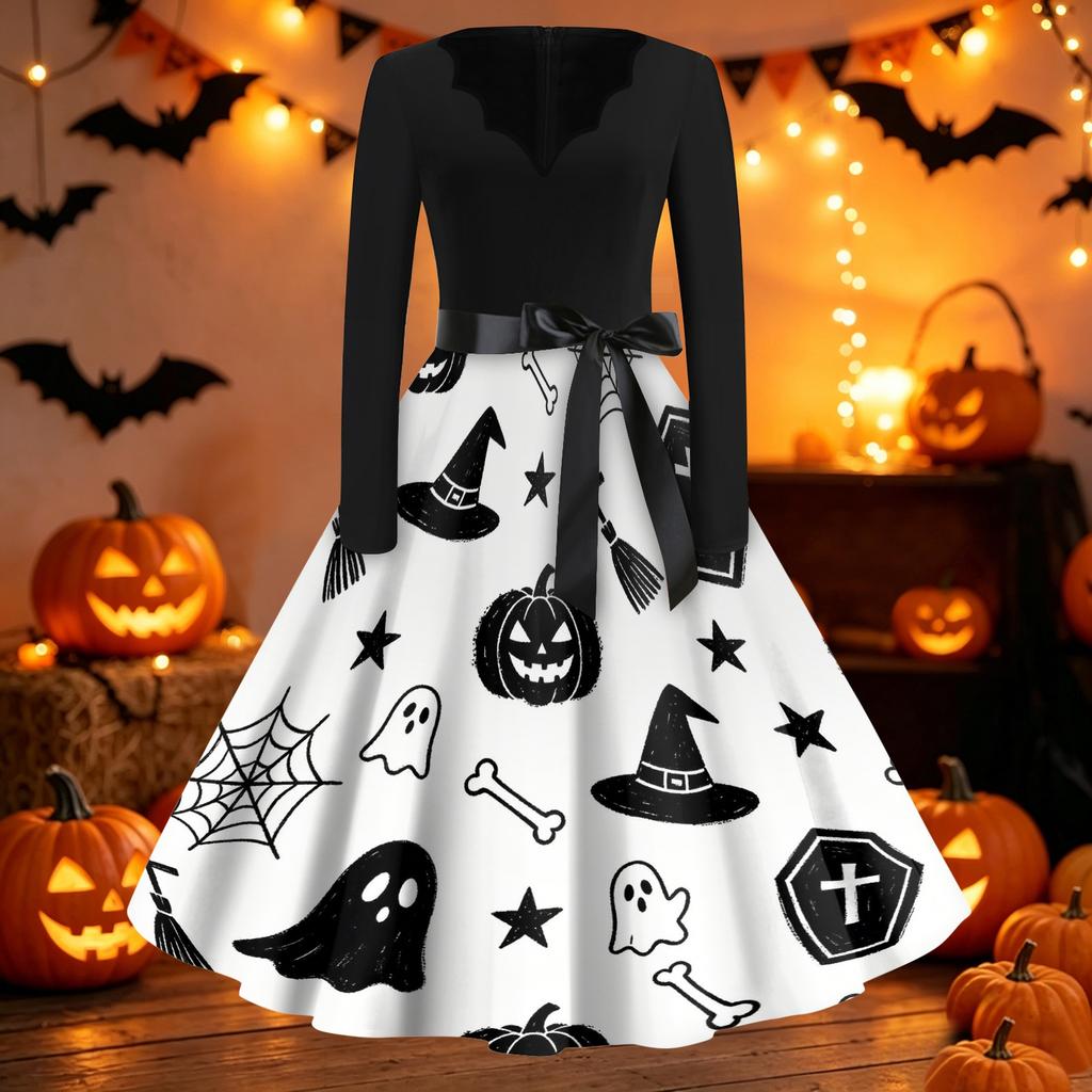 Womens Vintage V Neck Dress Halloween Print Long Sleeve Casual Retro Swing Dress with Waist Tie Belt and Flared Skirt for Party