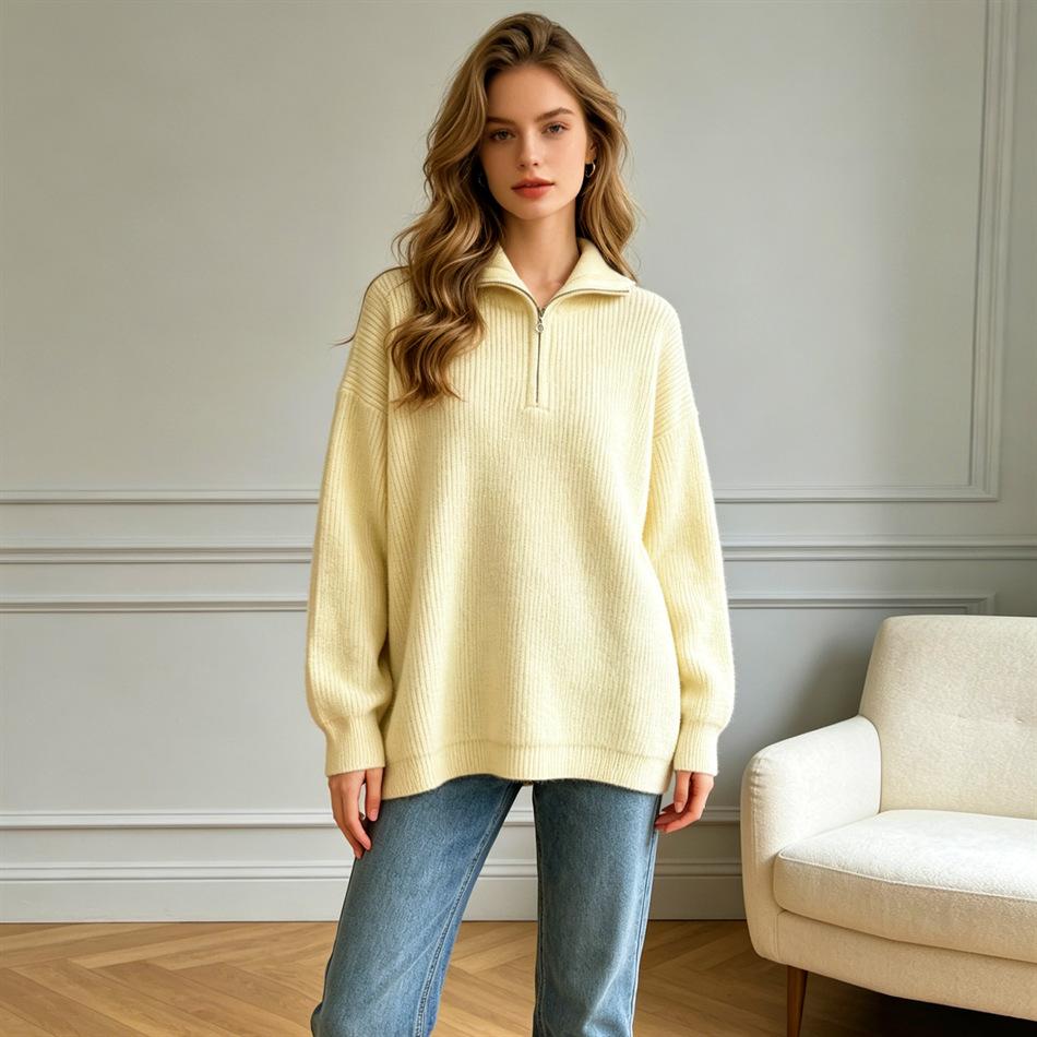 Solid color half-zipper lapel sweater women's soft waxy autumn and winter new loose and lazy outer wear pullover knitted top