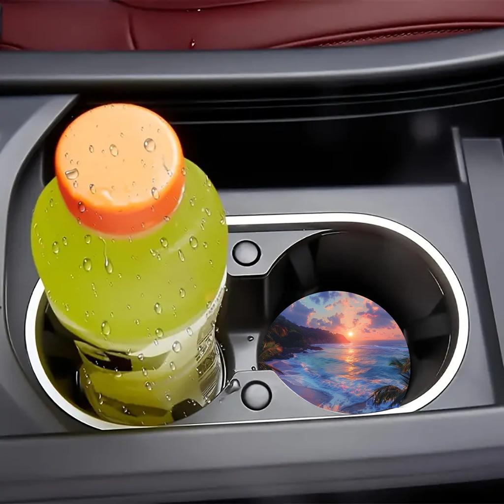 2-Pack Tropical Beach Sunset Car Cup Holder - Non-Slip Spill-Proof Mat with Palm Tree and Wave Design, Durable EVA Drink Tray with Black Center Cap