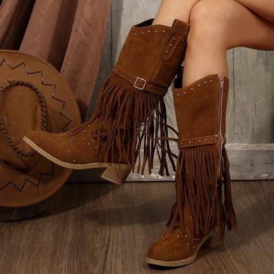 2024 Winter Women Fringes Thick Heel High Boots Suede Pointed Toe Outdoor Fashion Platform Shoes Willow Nails Pumps Women Shoes