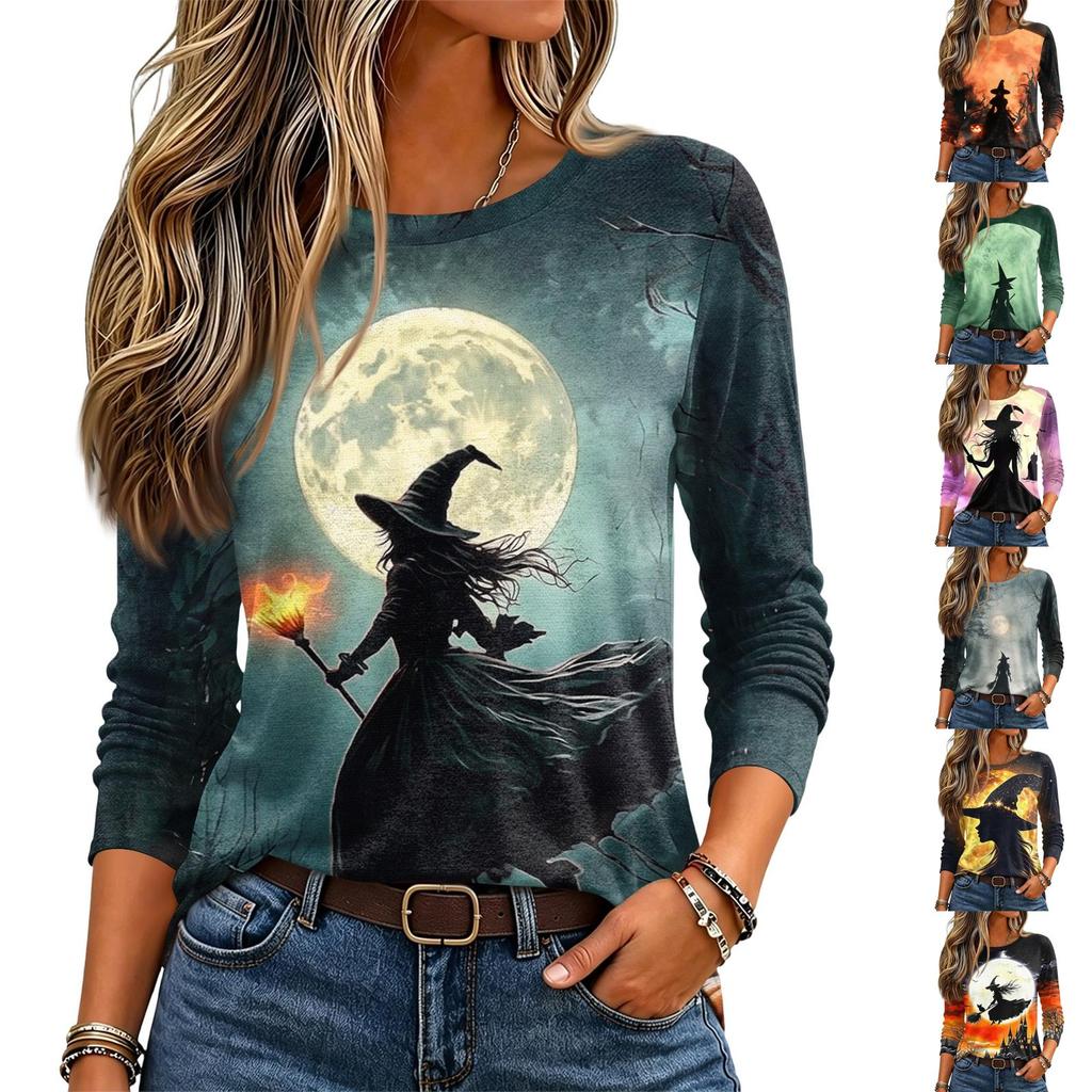 Women's Fashion Halloween Print Long Sleeve Neck Pullover Top for Fall