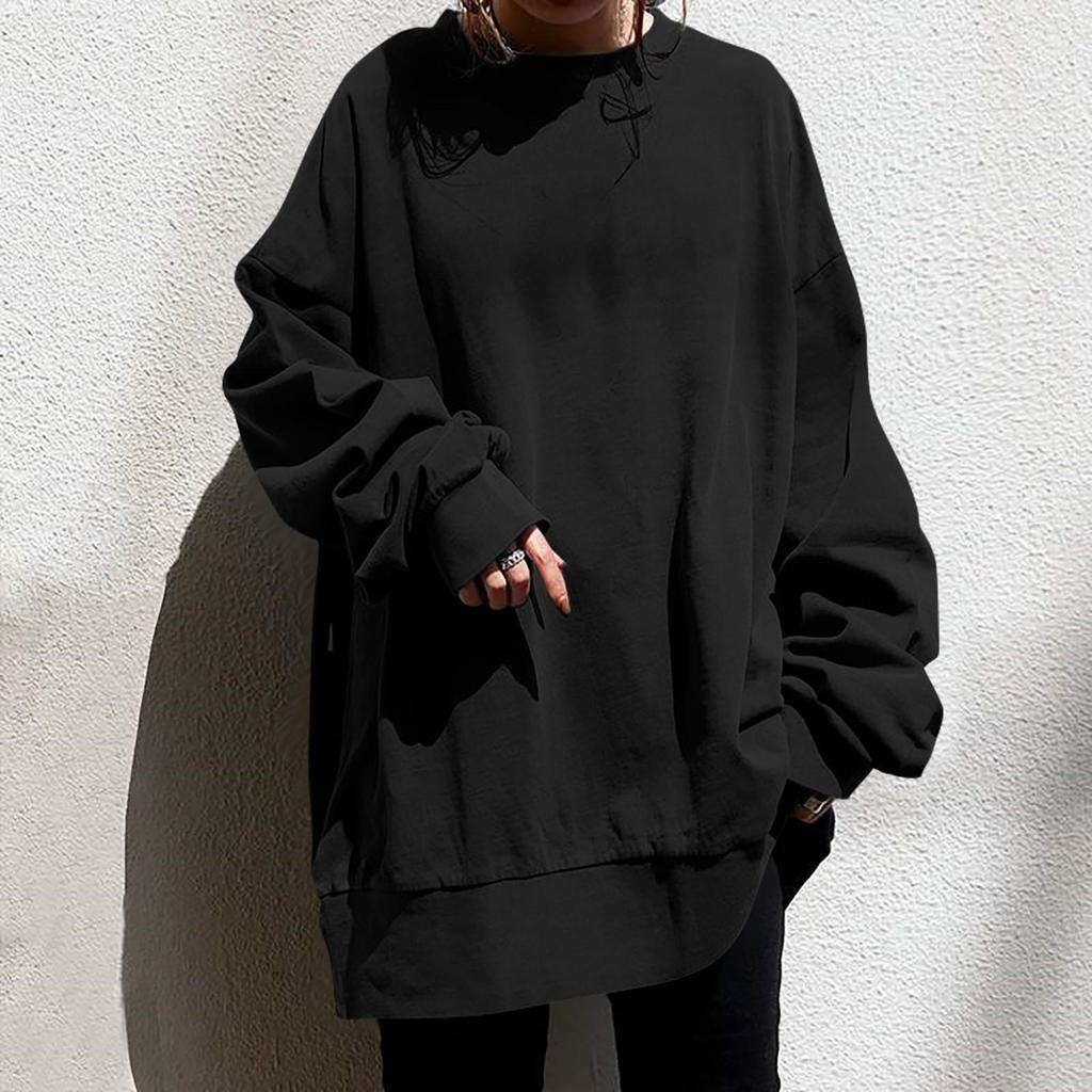 Damenmode Lässig Rundhals Locker Langarm Einfarbig Langes Sweatshirt