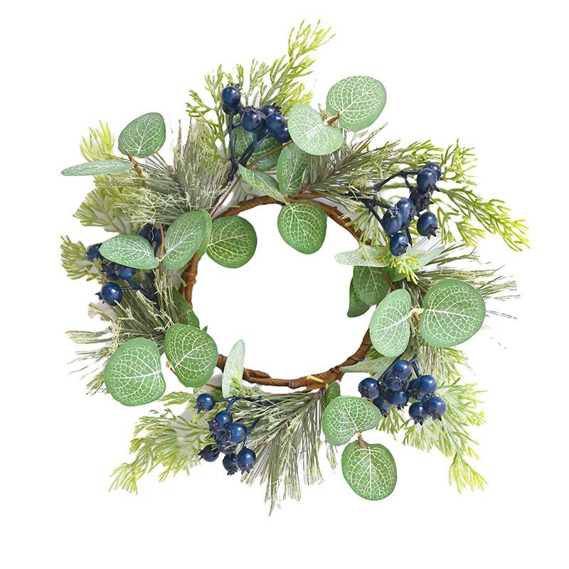 Christmas Wishing Candlestick Wreath Simulation Blueberry Berry Pine Needle Candle Wreath Eucalyptus Wax Ring Decoration