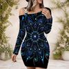 Women Plus Size One Shoulder Chain Strap Long Sleeve Black Blue Printed Bodycon Mini Dress