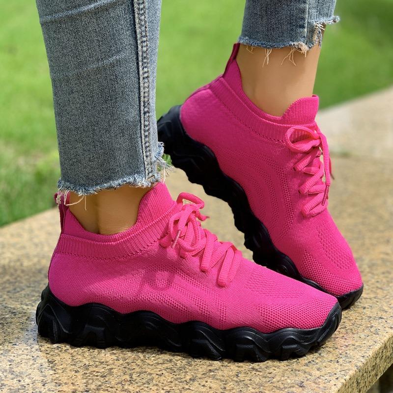 Spring and Autumn Casual Soft Sole Sneakers Round Toe Knitted Mesh Breathable Front Lace-up Sock Shoes for Lazy Women